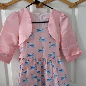 Sunny Fashion Pink w/ Blue Swans Dress for Easter, Church, Party Girls Size 10